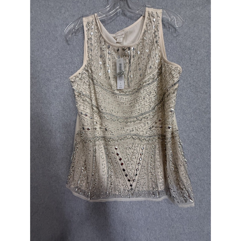 Chicos Tank Top Womens 1 White Embellished Beaded Sequin‎ Party Dressy